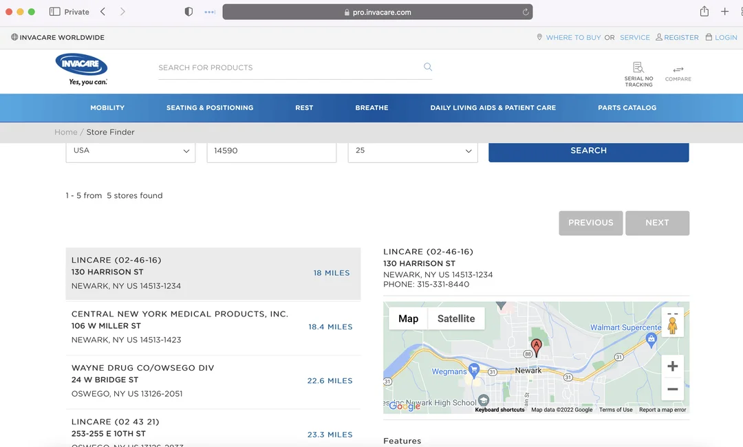 Invacare finder screenshot