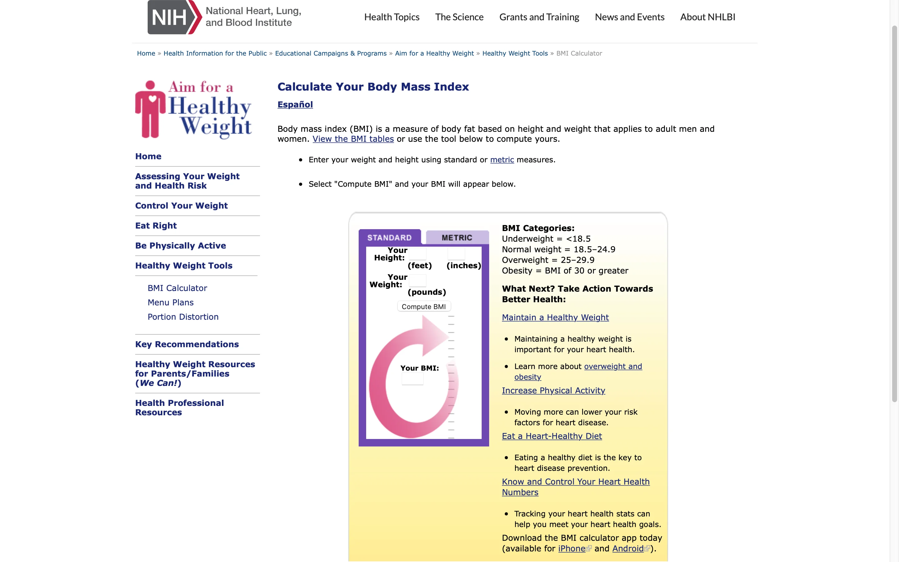 BMI calculator screenshot