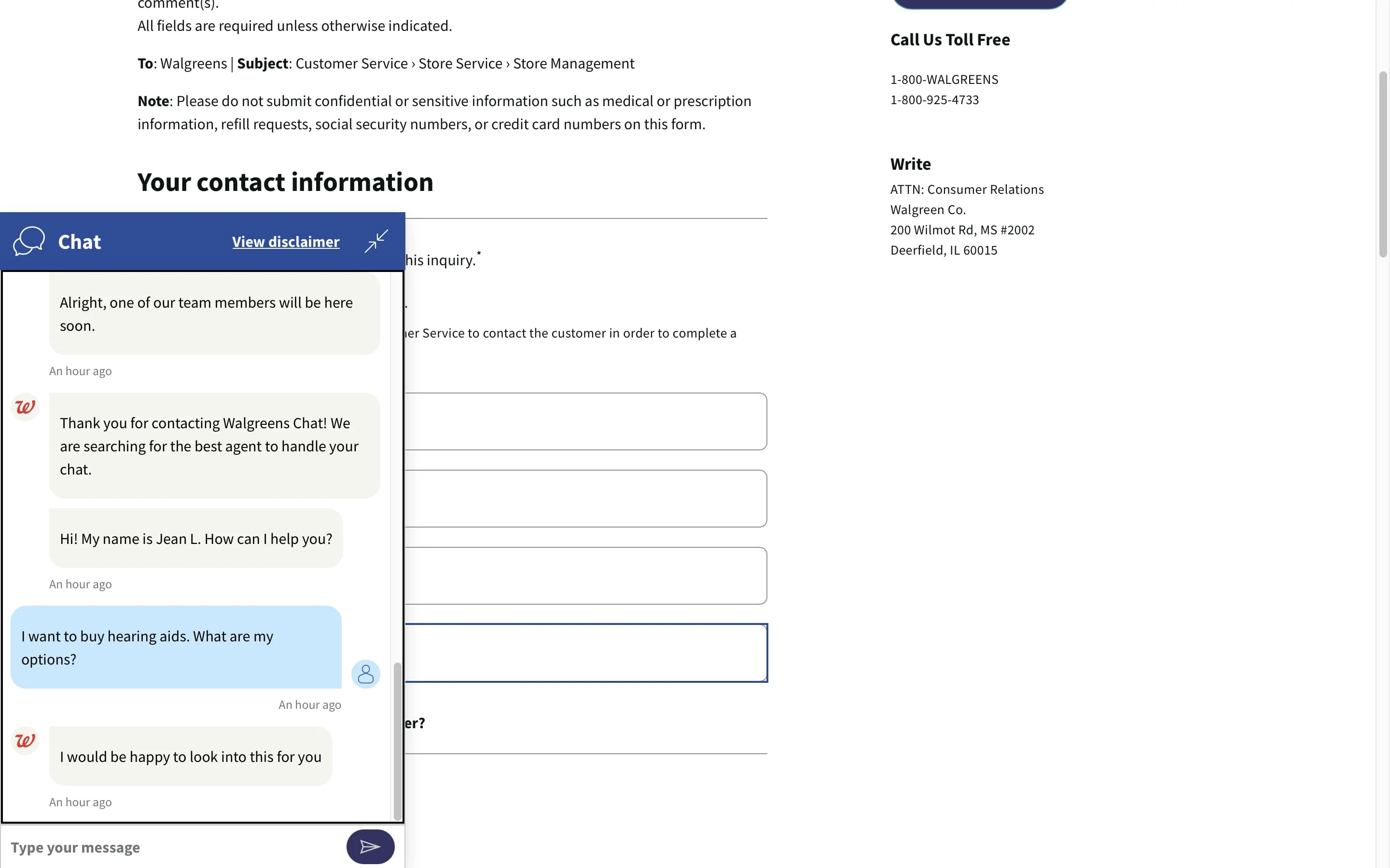 Live agent chat screenshot Walgreens