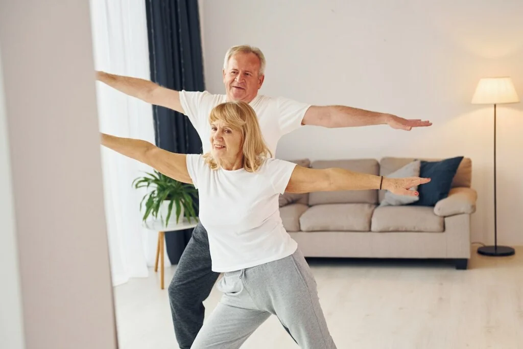 sportive exercises senior man and woman is together