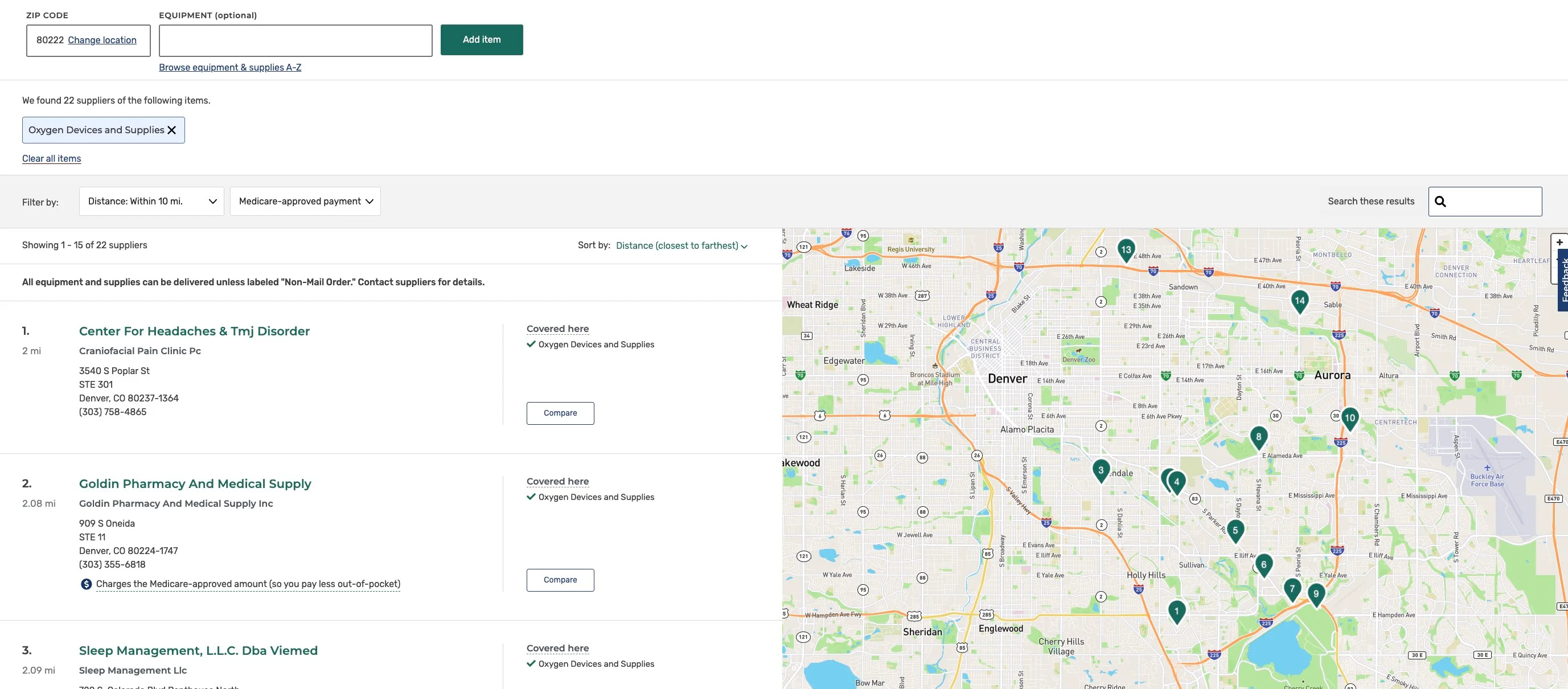 Screenshot image of a Medicare's supplier directory