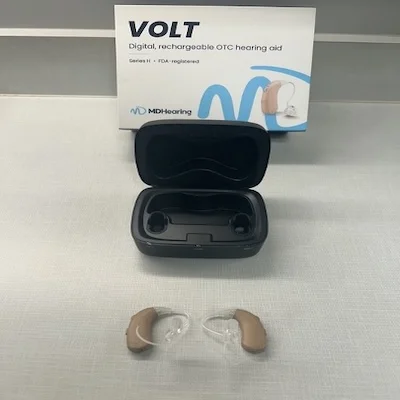 MDHearing VOLT hearing aids with charging case and outer packaging
