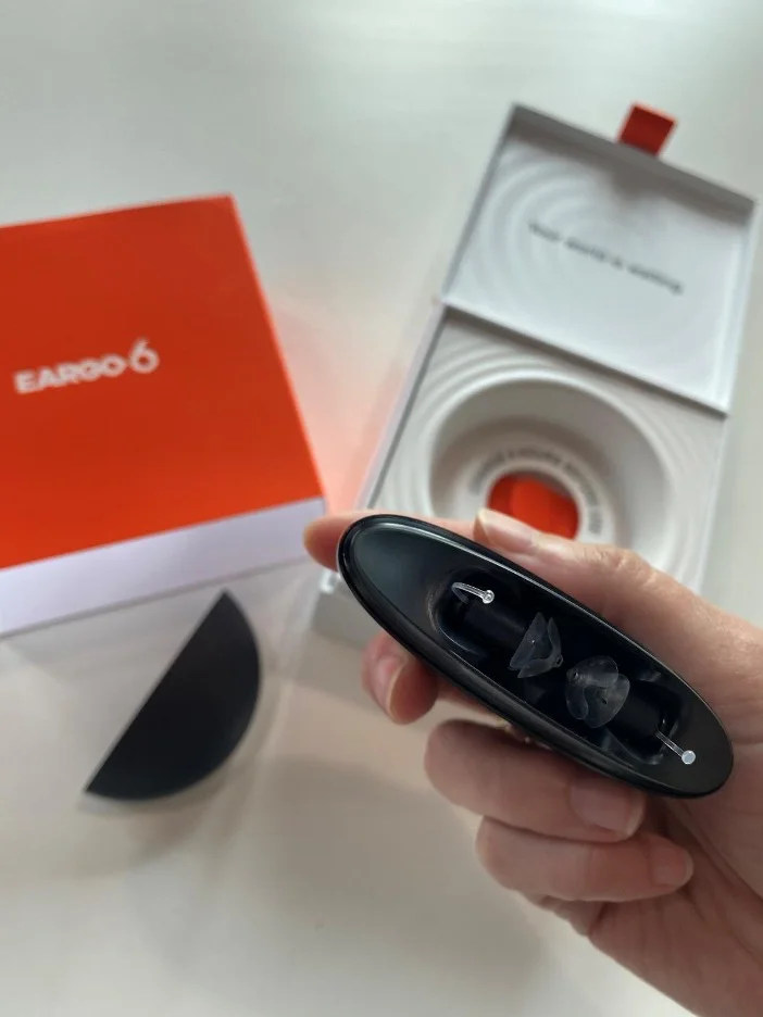 Eargo rechargeable hearing aid in charging case