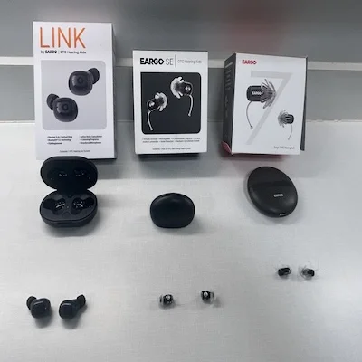 Image of the Eargo 7, Eargo SE, and LINK by Eargo hearing aids