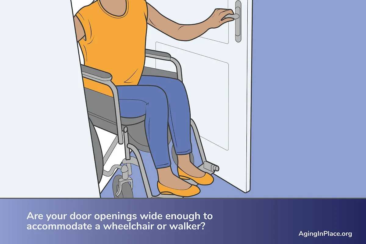An image of an adult woman on a wheelchair travelling from room to room